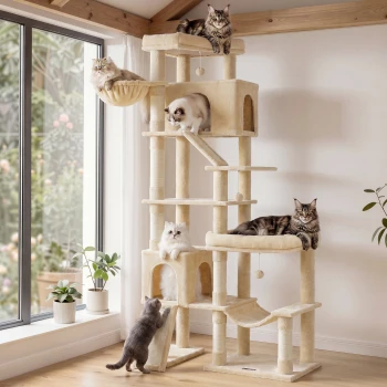 Kratzbaum, 202 cm hoch, Katzenbaum, für große Katzen, Katzenkratzbaum beige Beiger mehrstufiger Kratzbaum am Fenster mit sechs entspannten Katzen, Kratzrampe, Hängematte und hängendem Spielzeug; kein sichtbarer Text.