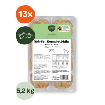 BARFER'S Complete Mini Hundenahrungsschale — Würfel: Komplett‑Mix Huhn & Lachs, 400 g Packung, Kennzeichnungen '13x' und '5,2 kg'.
