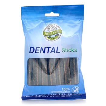 Blaue Verpackung von BELLEOR DENTAL Sticks für Hunde, mit einem transparenten Fenster, das die Sticks im Inneren zeigt, beschriftet mit 100% natürlich.