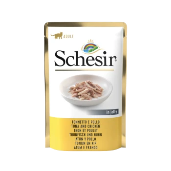Schesir Erwachsenen-Katzenfutterbeutel mit Thunfisch und Huhn in Gelee, mit einer Schüssel zerrissenem Fleisch auf der Vorderseite und mehrsprachigem Text.