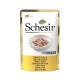 Schesir Erwachsenen-Katzenfutterbeutel mit Thunfisch und Huhn in Gelee, mit einer Schüssel zerrissenem Fleisch auf der Vorderseite und mehrsprachigem Text.