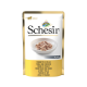 Schesir Erwachsenen-Katzenfutterbeutel mit Thunfisch und Huhn in Gelee, mit einer Schüssel zerrissenem Fleisch auf der Vorderseite und mehrsprachigem Text.