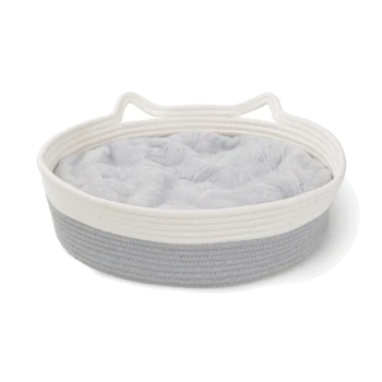 Lit rond confortable pour animaux de compagnie avec un intérieur en peluche grise douce et un extérieur tissé crème et gris élégant, comportant deux poignées.