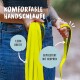 Eine Person in einem schwarzen Oberteil und blauen Jeans hält eine gelbe Neopren-Leine. Text: "Komfortable Handschlaufe," "1,5cm Breite," "Gepolstert."