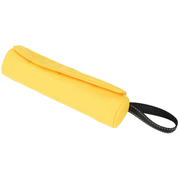 Gelbe Haustierspielzeugtasche mit einem schwarzen Griff, mit einem Reißverschluss und einem strukturierten Stoffdesign.