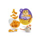 Lila eiförmige „JOY & TOY!“-Katzensnack-Überraschung (2-in-1) mit Katzenmotiv, Hähnchenflocken in einer Schale und Tau-Maus-Spielzeug.