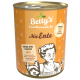 Dose Hundefutter "Betty's Landhausküche Mit Ente" mit Koch und Hund; hebt "extra viel Fleisch" und "ohne Farb- und Konservierungsstoffen" hervor.