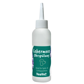 Weiße Flasche mit veavet Lebermoos Ohrspülung, einer natürlichen Ohrenspülung für Haustiere, mit der Aufschrift "health & care" in grüner Schrift.