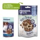 Zwei PREMIERE Tierfutterpakete: links mit Papillon, "Mini Sandwich Huhn & Fisch" (65% Fleisch); rechts mit Jack Russell, "Mini Snack Sandwich."