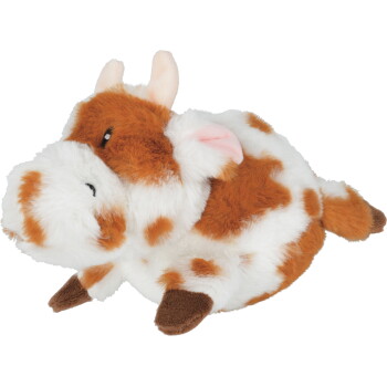 Jouet en peluche pour animal tacheté orange et blanc avec une oreille bordée de rose sur fond transparent