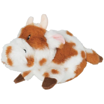Jouet en peluche pour animal tacheté orange et blanc avec une oreille bordée de rose sur fond transparent
