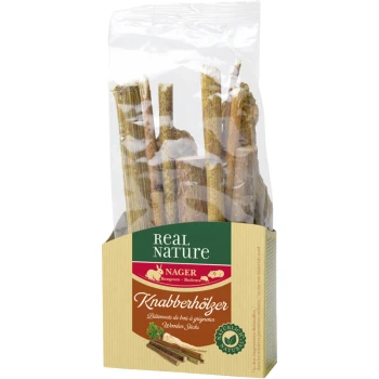 A clear plastic bag containing natural chewing sticks for small animals, labeled "Real Nature Nager Knabberhölzer," with images of rodents.