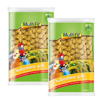 Deux paquets de millet à queue de renard jaune MultiFit pour oiseaux, présentant des oiseaux colorés à l'avant et étiquetés "Kolbenhirse gelb" avec un poids de 300g.