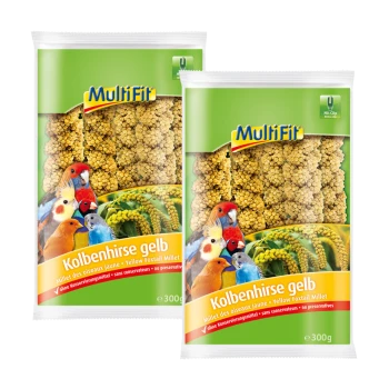 Deux paquets de millet à queue de renard jaune MultiFit pour oiseaux, présentant des oiseaux colorés à l'avant et étiquetés "Kolbenhirse gelb" avec un poids de 300g.