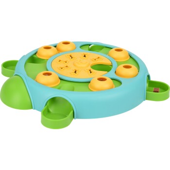 Interactive dog puzzle toy in blue and green, featuring yellow treat compartments and a central rotating disc for mental stimulation.