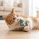 Rötlich-weiße Katze liegt auf dem Boden, hält und beißt ein grünes Stoffspielzeug mit Blattmuster.