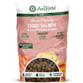 Hundefutterbeutel mit der Aufschrift 'AniForte PureNature FjordSalmon - frischer Lachs mit Kartoffeln', mit Lachs, Karotten und Kartoffeln.