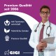 Tierärztin im weißen Kittel mit Stethoskop hält Klemmbrett neben lila Anzeige mit der Aufschrift „Premium Qualität seit 2006“ und GIGI-Logo