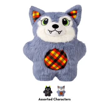 Gray plush wolf dog toy with white face, green eyes, small fangs and orange plaid belly; two smaller variants shown below.