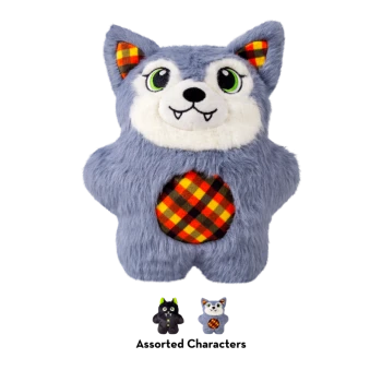 Gray plush wolf dog toy with white face, green eyes, small fangs and orange plaid belly; two smaller variants shown below.