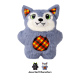Gray plush wolf dog toy with white face, green eyes, small fangs and orange plaid belly; two smaller variants shown below.
