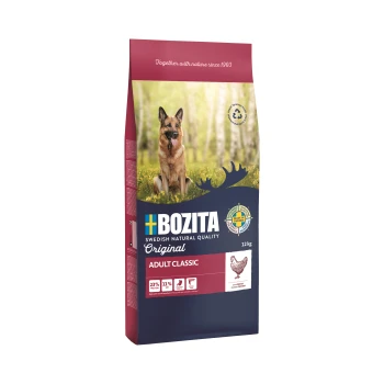 Sac de nourriture pour chien avec un berger allemand dans un cadre forestier, étiqueté "BOZITA Original Adult Classic," 12 kg, avec 23 % de protéines et 11 % de matières grasses.