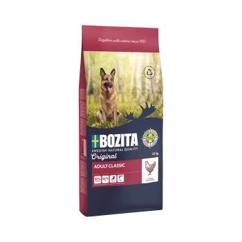 Hundefutterbeutel mit einem Deutschen Schäferhund in einer Waldumgebung, beschriftet mit 'BOZITA Original Adult Classic', 12 kg, mit 23% Protein und 11% Fett.