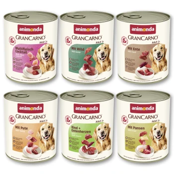 Sechs Animonda GranCarno Hunde-Nassfutter-Dosen (2x3) mit den Sorten Wild, Ente, Pute, Pansen, Multifleisch und einem lächelnden Hund.