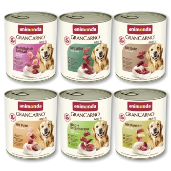 Sechs Animonda GranCarno Hunde-Nassfutter-Dosen (2x3) mit den Sorten Wild, Ente, Pute, Pansen, Multifleisch und einem lächelnden Hund.