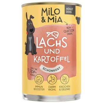 Dose Milo & Mia Hundefutter mit Lachs und Kartoffel, gekennzeichnet mit 'LACHS und KARTOFFEL', mit Symbolen für Immunbooster, Darmgesundheit und Gelenkunterstützung.