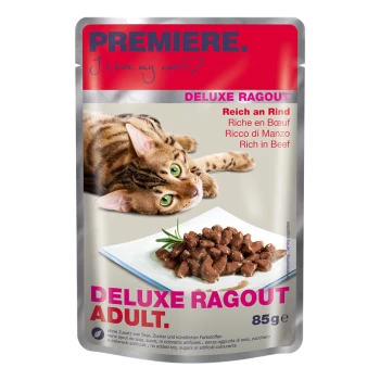 Katze Futterbeutel mit einer verspielten getigerten Katze und Rindfleischstücken. Text: 'PREMIERE. Ich liebe meine Katze', 'DELUXE RAGOUT', 'Reich an Rindfleisch.'