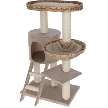 Kratzbaum Banana Leaf Waxy Katzenbaum mit zwei geflochtenen Körben, einem gemütlichen Versteck und Kratzpfosten, in neutralem Beige und robuster Bauweise.