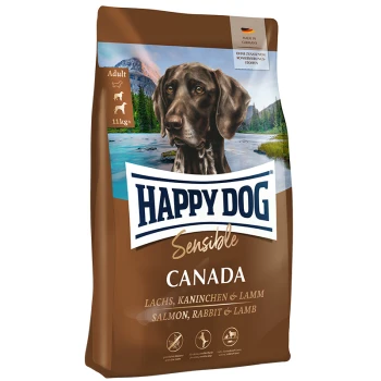 Hundefutterbeutel mit der Aufschrift "Happy Dog Sensible Canada" mit einem braunen Hintergrund, dem Gesicht eines Hundes und den Zutaten: Lachs, Kaninchen und Lamm.