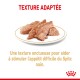Nourriture pour animaux sur une assiette blanche avec des morceaux doux et texturés. Le texte indique "TEXTURE ADAPTÉE" et décrit cela comme aidant l'appétit des chiens Spitz difficiles.