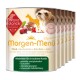 Dosen von "Morgen-Menü" Hundefutter mit Pferdefleisch, Rote Beete und Apfel. Der Text hebt glutenfrei, laktosefrei und für erwachsene Hunde geeignet hervor.