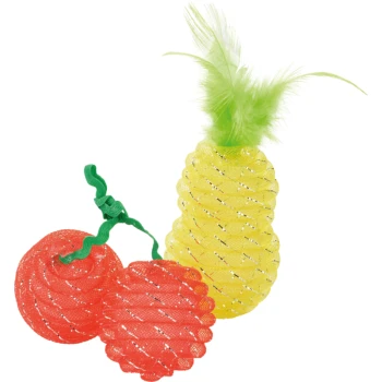 Jouets pour animaux colorés en forme d'ananas et de deux balles rouges, avec une plume verte sur le dessus de l'ananas.