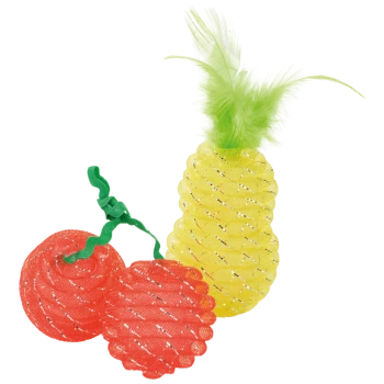 Bunte Haustierspielzeuge in Form einer Ananas und zwei roten Bällen, mit einer grünen Feder oben auf der Ananas.
