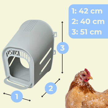 Graue Kunststoff-Nistbox mit sichtbarem Text '1: 42 cm 2: 40 cm 3: 51 cm' und einer braunen Henne.
