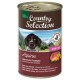 Dosen-Hundefutter mit der Aufschrift "Country Selection", das einen Hund auf der Vorderseite zeigt, mit Zutaten: Alpenrind & Truthahn, Emmentaler Käse und Kürbis.