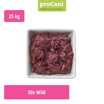 Verpacktes rohes Wildfleisch-Hundefutter, beschriftet mit "proCani buy nature" vor einer malerischen Kulisse, mit dem Text "Wildfleisch pur" und einem "50x"-Abzeichen.