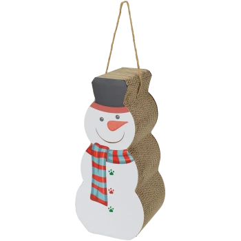 Hängender Schneemann-Kartonkratzer mit Seilgriff, bemaltem Gesicht, rot-blauem Schal und Pfotenabdruck-Knöpfen.