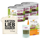 Eine Sammlung von Haustierprodukten: sechs Dosen "I Love My Cat" Hühnerfutter, eine "KATZEN LIEB HABER" Tragetasche, Trockenfutter für Katzen und zwei "SHIIMUN IMMUN" Ergänzungen.