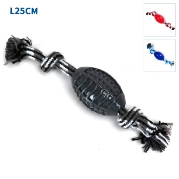 Hundespielzeug mit einem schwarz-weißen Seil und einem strukturierten Gummizentrum, beschriftet mit "L25CM", mit kleinen Bildern von roten und blauen Spielzeugoptionen.