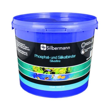 Blauer Plastikbehälter mit der Aufschrift 'Silbermann Phosphat- und Silikatbinder Silverline', der 5000 ml enthält, mit aquatischen Bildern an der Seite.