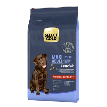 Hundefutterbeutel mit einem braunen Labrador Retriever, gekennzeichnet mit 'SELECT GOLD MAXI ADULT >25 KG', mit den Texten 'Vollständig' und 'Reich an Rind'.