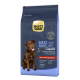 Sac de nourriture pour chien mettant en avant un labrador retriever marron, étiqueté "SELECT GOLD MAXI ADULT >25 KG," avec le texte "Complete" et "Reich an Rind" (riche en bœuf).