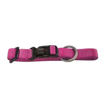 Pinkes verstellbares Nylon-Hundehalsband mit schwarzer Kunststoffschnalle, beschriftet mit "Wolters" und Metall-D-Ring.