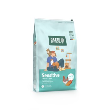 Grüne Wildfang Petfood Sensitive Katzenfutter-Tüte für erwachsene Katzen mit Insekten & Huhn, gute Verdauung und Urin-pH-Kontrolle, deutsche Qualität.