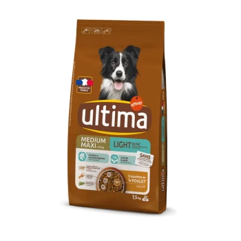 Sac de nourriture pour chiens étiqueté "Ultima" avec un Border Collie, avec des détails indiquant "Medium Maxi", "Light in Fat" et "Croquettes au Poulet."