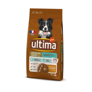 Sac de nourriture pour chiens étiqueté "Ultima" avec un Border Collie, avec des détails indiquant "Medium Maxi", "Light in Fat" et "Croquettes au Poulet."